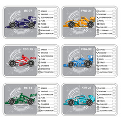 Set of horizontal game cards with different racing cars. Side view. Collection. Isolated on white background. Vector illustration.