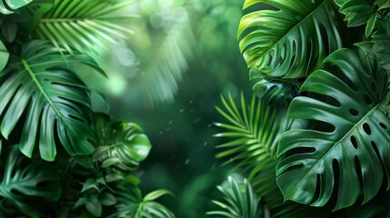 Lush Jungle Leaves on Vibrant Green Background - Energetic Tropical Foliage Banner