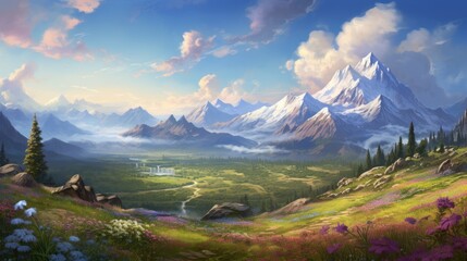 Majestic Mountain Range with Wildflowers and Lush Meadow.