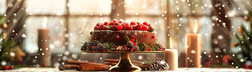 A beautifully decorated fruitcake on an elegant cake stand