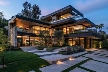 Naklejka premium A modern residence with a thoughtful layout and contemporary construction embodies cutting-edge design and functionality. 