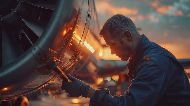 Animation Aviation mechanic working on an airplane under rainy conditions generated with ai