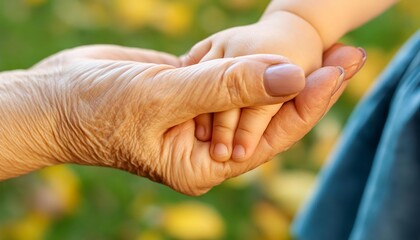 Elderly hand holding Young Toddler Hand - Difference between Generations - Aging Society of Old People not Catching up, Little Child comforting Elder - Youth Supporting aging Demographic, Grandchilden