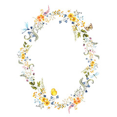 Watercolor hand draw floral wreath with meadow flowers, grass, herbs, summer composition for wedding invitation, bumblebee, butterfly and dragonfly, isolated on white background