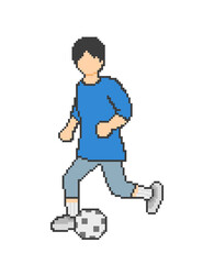 Man playing pixel art soccer, blue clothes