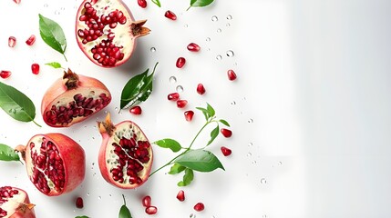 Fototapeta premium Fresh pomegranate seeds and halves with green leaves splashing in water.