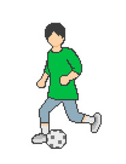 Man playing pixel art soccer, green clothes