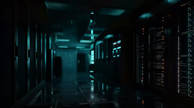 A dark room with rows of glowing blue computer racks in the background.