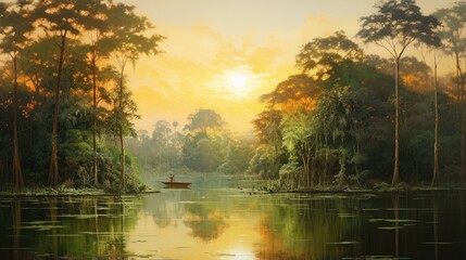Obraz premium Tranquil Sunset on a Lush River.