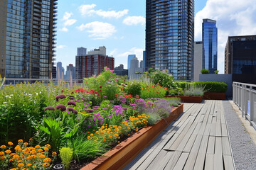 Fototapeta premium A beautiful urban rooftop garden with colorful flowers and plants set against the backdrop of skyscrapers and blue sky.