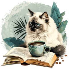 - Design a serene morning scene with a Balinese cat next to a cup of coffee and an open book.