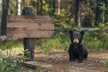 A cute bear cub sitting next to a wooden sign in a forest, representing wildlife and nature exploration.