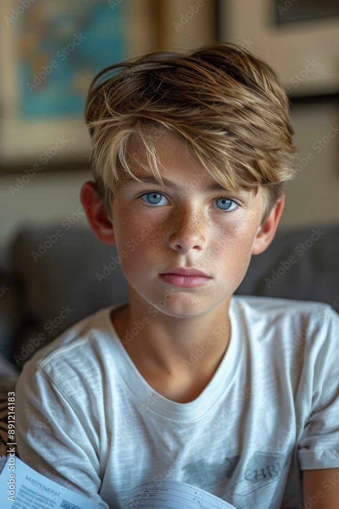 Sticker A boy with a white shirt and brown hair sitting on the couch. AI.