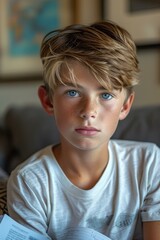 A boy with a white shirt and brown hair sitting on the couch. AI.