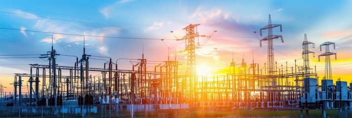 A large electrical substation with a sunset in the background. AI.