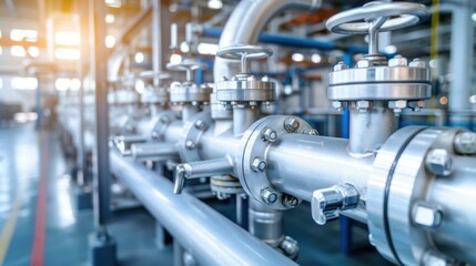 Fototapeta premium A close up of pipes in a factory. AI.