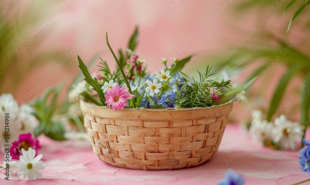 Canvas Prints A basket filled with flowers on a pink table. AI.