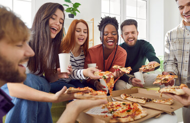 Gathering of friends at home, savoring pizza slices and enjoying refreshing drinks. Laughter and fun abound as this dynamic group creates lasting memories during delightful dinner party.