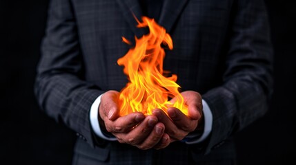 Business Risk, A businessman in a suit holds a vibrant flame in his hands against a dark background, symbolizing power, energy, and control.