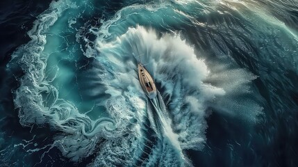 Animation Boat navigating turbulent ocean waters in dynamic aerial photograph generated with ai