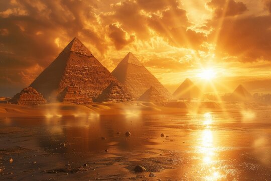 Wandering Egypts pyramids and temples, golden desert, mystical ambiance, soft sunset light, wideangle, hyperrealistic detail