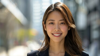 Obraz premium Smiling woman professional city background. Portrait of a smiling woman in a professional setting. She is standing in front of a city background.