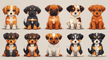 Obraz premium vector, illustration, Cute dogs doodle vector seamless pattern. Cartoon dog or puppy characters design collection with flat color in different poses. Set of funny pet animals isolated on background