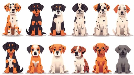Obraz premium vector, illustration, Cute dogs doodle vector seamless pattern. Cartoon dog or puppy characters design collection with flat color in different poses. Set of funny pet animals isolated on background