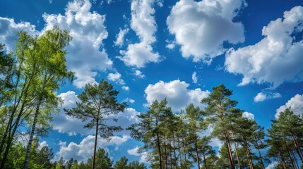Obraz premium Large trees in forest under blue sky with white clouds Nature scene photo