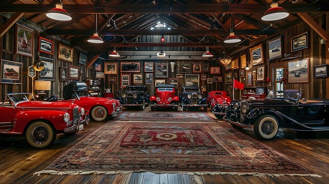 Fototapeta Vintage car enthusiast's garage showroom with a collection of restored classic automobiles