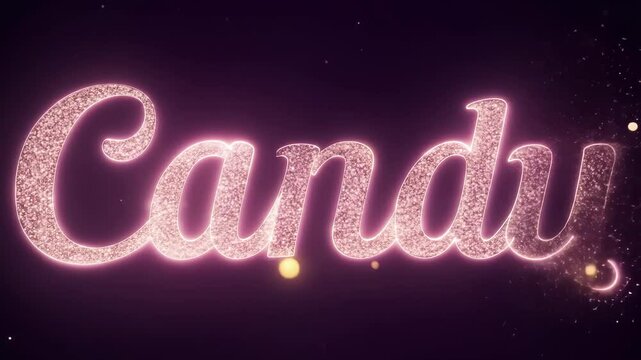 The inscription "Candy" with a shiny pink effect on a dark background.
Concept: sweets and window dressing, confectionery