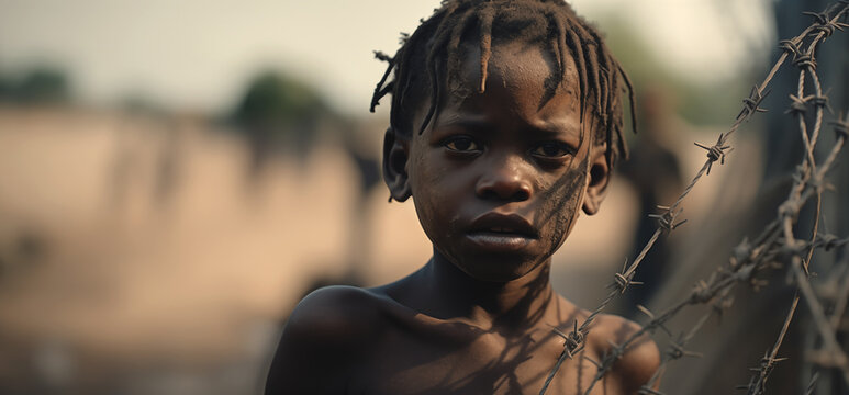 Un enfant africain dans un camp de r&eacute;fugi&eacute;s symbolisant le conflit et la guerre, concept de drame humanitaire.