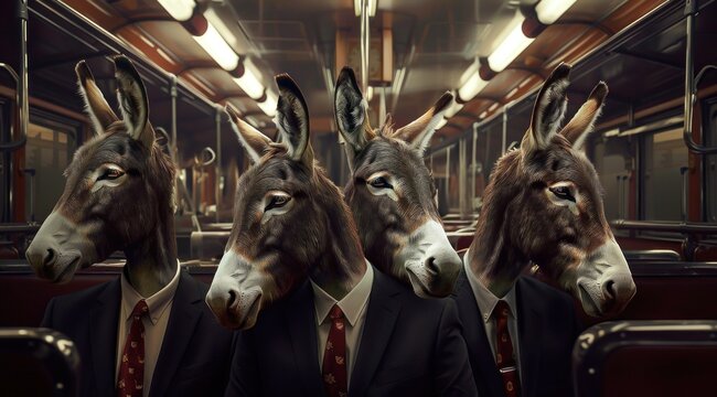Un train avec des &acirc;nes assis, portant des costumes d'affaires et des cravates, concept de question de soci&eacute;t&eacute;.