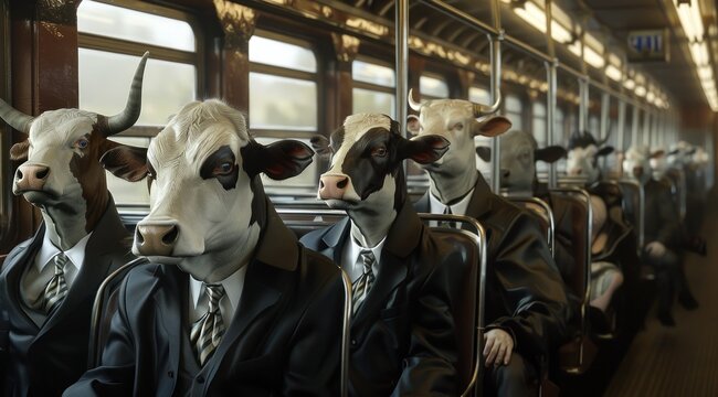 Un train avec des vaches assises, portant des costumes d'affaires et des cravates, concept de question de soci&eacute;t&eacute;.
