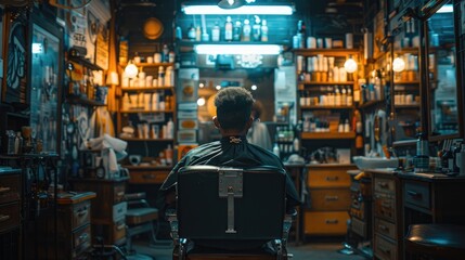 Fototapeta premium Barber shop room with man cuttin customer