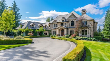 Naklejka premium Custom built luxury house with nicely trimmed front yard, lawn and long doorway and driveway in a residential neighborhood. 