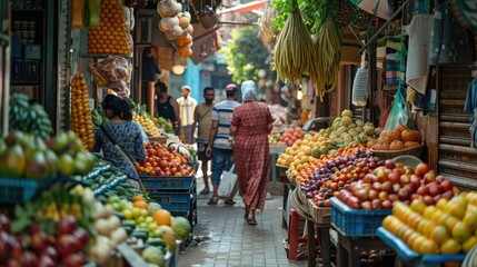 Vibrant urban market bustling with people and colorful fresh produce. Fruit and vegetable market