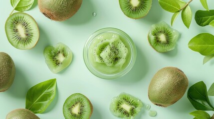 Fototapeta premium Kiwi scrub cosmetic for skin care display on tabletop in top view mock up