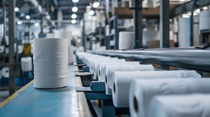 A modern industrial production line for manufacturing paper towel rolls. The image showcases the efficiency and precision of contemporary manufacturing processes in a factory environment.