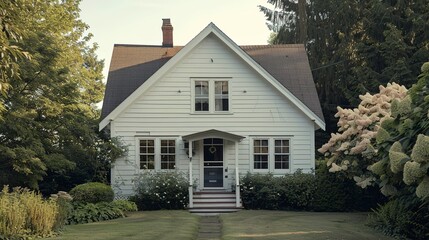 Naklejka premium A front of view of a white wooden house 