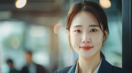 Naklejka premium Professional woman smiling confidently. A young woman in a professional setting smiles confidently.