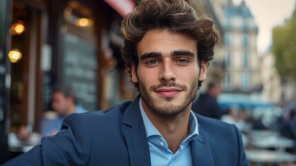 Fototapeta premium Handsome man in city setting. A young man with a charming smile and stylish attire enjoys the city atmosphere.