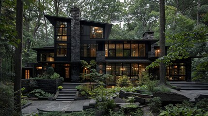 black stone house in the woods with landscaping 