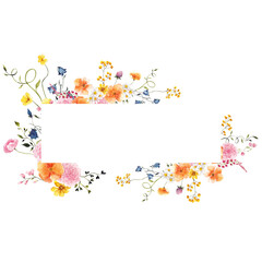 Frame with watercolor hand draw wildflowers, meadow floral, grass, herbs, dragonfly, butterfly, bumblebee, elegant summer composition for wedding invitation, isolated on transparent background