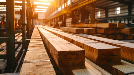 Lumber stacks in a woodworking warehouse bathed in warm sunlight. The image showcases the organized storage and the natural beauty of wooden beams in an industrial setting.