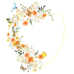 Frame with watercolor hand draw wildflowers, meadow floral, grass, herbs, dragonfly, butterfly, bumblebee, elegant summer composition for wedding invitation, isolated on transparent background