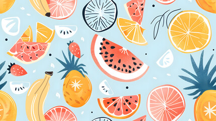 A seamless pattern featuring a variety of tropical fruits, including pineapples, watermelons, oranges, and bananas, on a blue background. Perfect for summer-themed designs and vibrant decor.