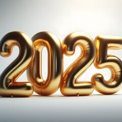 2025, new year greetings, shiny 3D golden metal numbers standing on white background