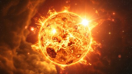 View of the sun with solar flares and sunspots