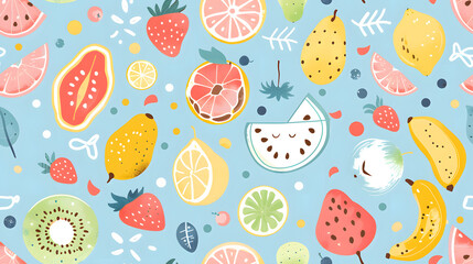 A seamless pattern featuring an assortment of tropical fruits, including bananas, strawberries, lemons, kiwis, and watermelons, on a blue background. Ideal for vibrant summer-themed designs and decor.